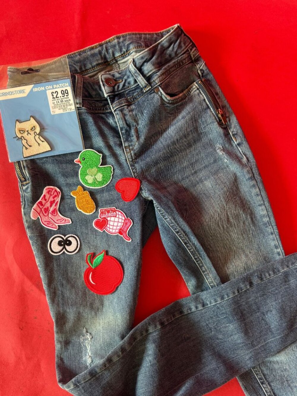 DIY Denim Kit — Slim Zip Jeans + 9 Iron-On Patches, US 0-2, Upcycle Your Own